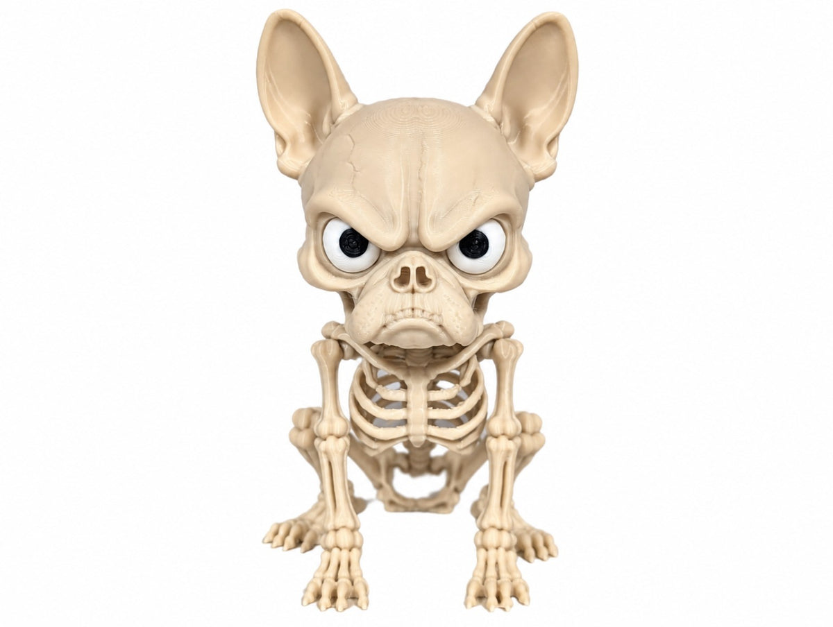 Boney Grumpy Dog skeleton dog figurine front view with large ears and grumpy expression