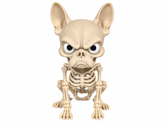 Boney Grumpy Dog skeleton dog figurine front view with large ears and grumpy expression