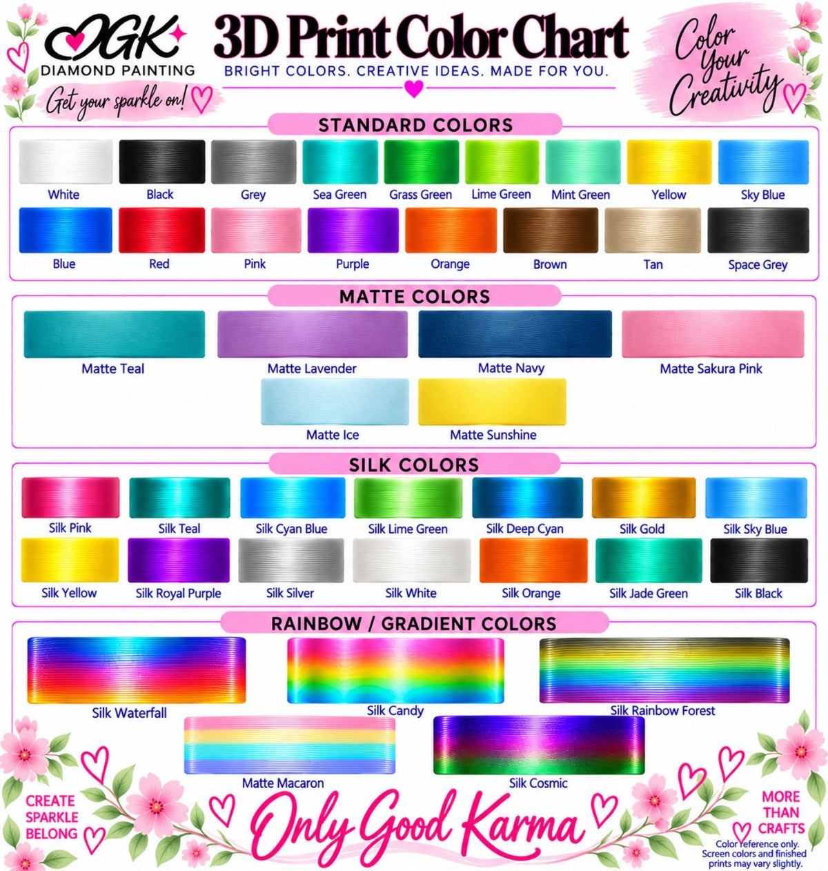 OGK 3D Print Color Chart — standard, matte, silk and rainbow colors