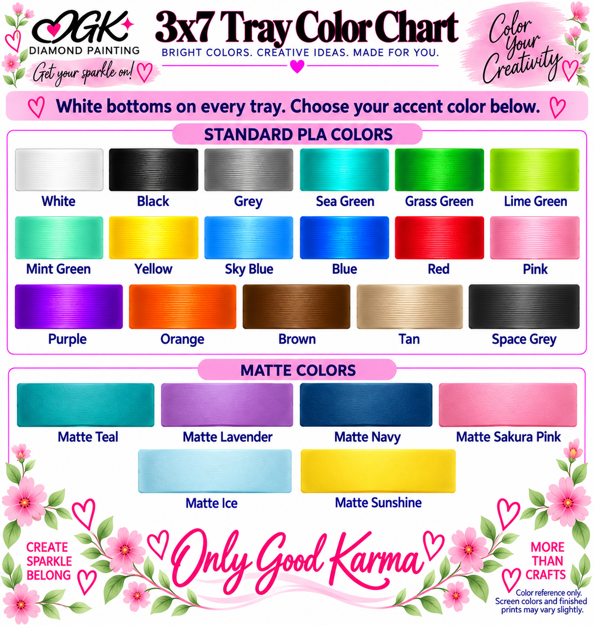 OGK 3x7 Tray Color Chart: 17 standard PLA and 6 matte colors, white bottoms on every tray