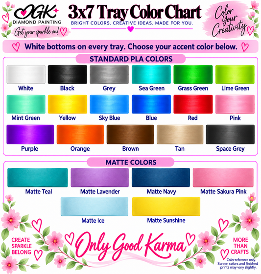OGK 3x7 Tray Color Chart: 17 standard PLA and 6 matte colors, white bottoms on every tray