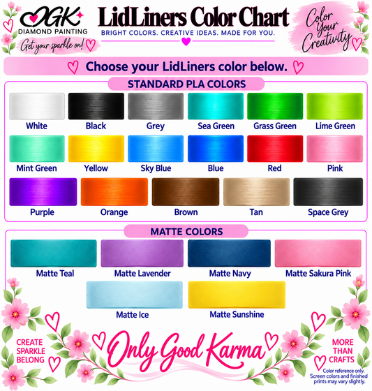 OGK LidLiners Color Chart — 17 standard PLA and 6 matte colors